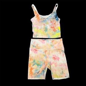Multicolor Tie Dye Splatter Paint Multicolor Padded Sports Bra & Biker Short Set